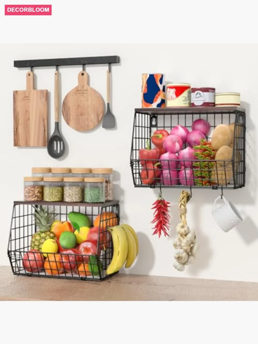 2 Tier Stackable Fruit Basket with Banana Hooks, Wall Mountable
